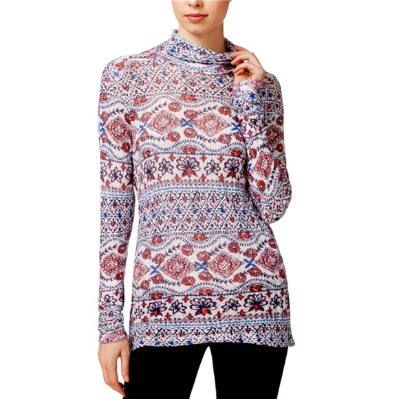 Lucky Brand Floral Long Sleeve Turtle Neck Shirt Large Blue White Boho - Picture 1 of 9